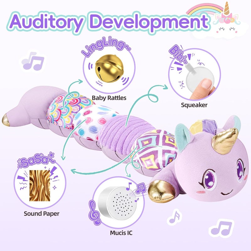Lanbeby Unicorn Baby Toys 6-12 Months Infant Musical Stuffed Toys for Newborn Tummy Time Sensory Toys for Babies with Crinkle and Rattle 0-3-6-12 Months Old Baby Girl Must Have Christmas Gifts - Purple - Image 2